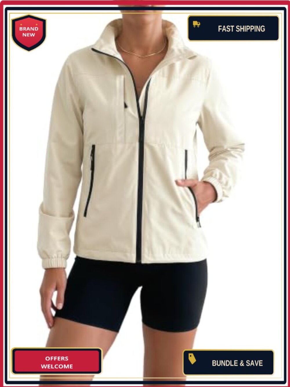 Lightweight Waterproof Windbreaker Raincoat Stand Up Collar Zippered Pockets
